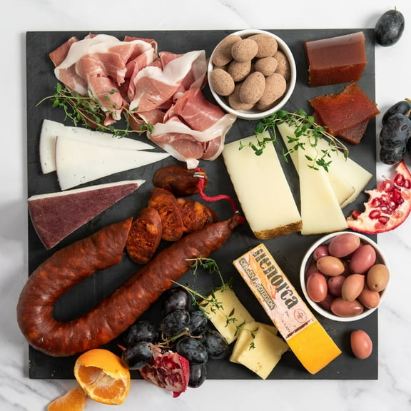 igourmetYueua A Little Bit of Spain In A Gift Box - Includes:  Jamon Serrano Ham, Manchego Cheese, Murcia al Vino Cheese, Mahon Cheese,  Spanish Olives, Chocolate Largueta Almonds, and Chorizo