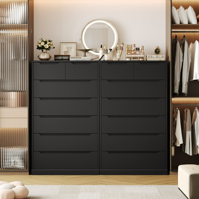 Homfa 7 Drawer Black Dresser, 51.3"h Wood Storage Cabinet with Upgraded Stable Base, Vertical Chest for Bedroom Living Room
