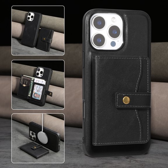 2 in 1 Magnetic Detachable Wallet Case for iPhone 16 Pro, Premium PU Leather RFID Blocking Wallet Card Holder Business Style Shockproof Phone Case Supporting Wireless Charging,Black