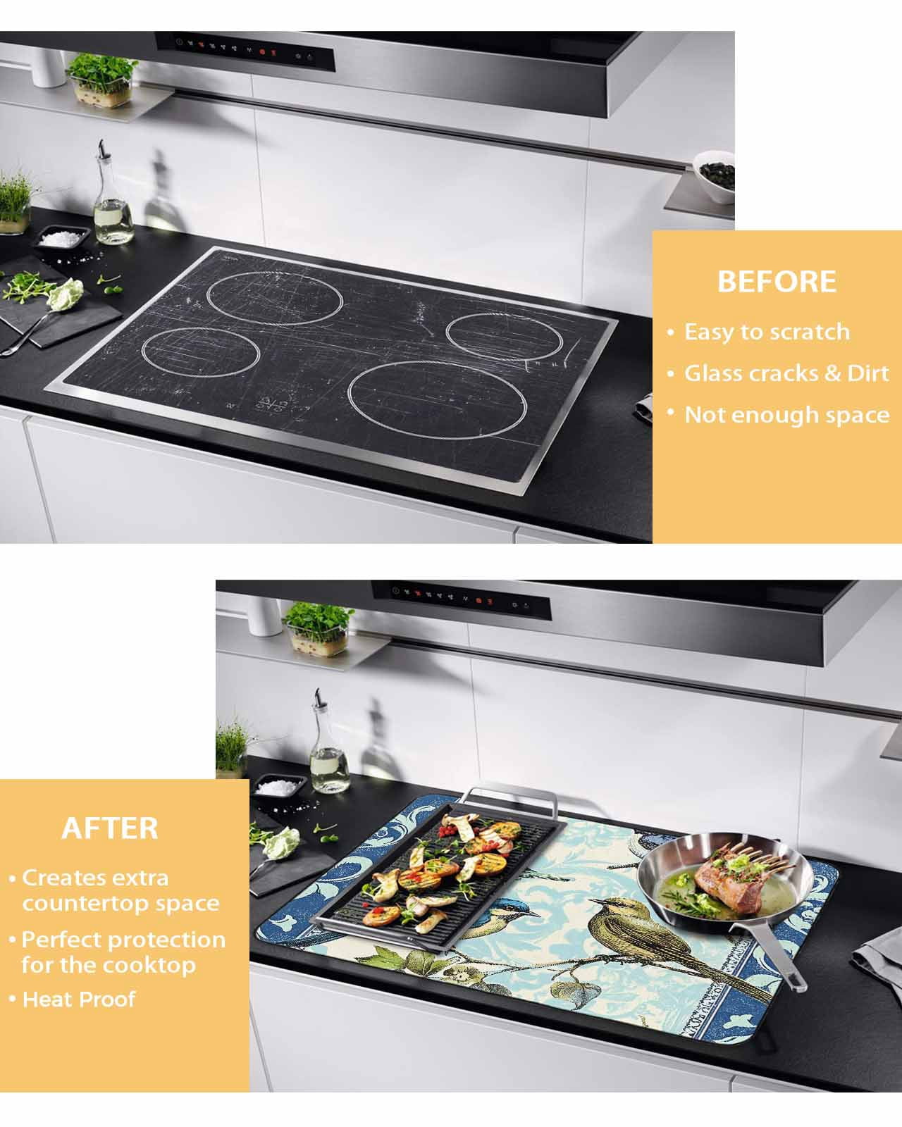 nqOlkjepod Large Induction Cooktop Protector Mat 31"x24", Vintage Birds Branches Stove Top Covers for Electric Stove, Retro Floral Pattern Decorative Stove Burner Cover Mats, Glass Top Stove Cover