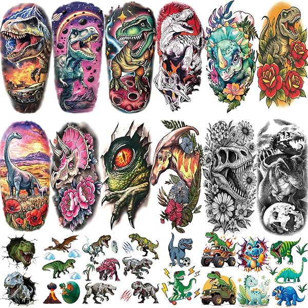 wonima02 77 Sheets Dinosaur Temporary Tattoos for Kids Adult, Large Triceratops T-Rex Skull Raptor Claw Dinosaur Fake Tattoos for Boys Girl, Tiny Dino Tattoo for Birthday Party Favors T-rex Decoration