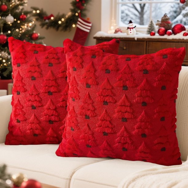 Funda De Almohada Juego de 2 fundas de cojín navideñas de 45x45 cm (18x18 pulgadas), rojas, de imitación de lana, para sofá, cama o porche. Rkxzt