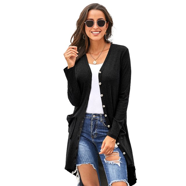 U.Vomade Women's Mid-Sleeve Solid Button-Down Long Knit Cardigan Sweater Jacket