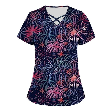 

NILLLY Casual Tops for Women Plus Size Independence Day Printed Scrub Working Uniform Tops for Women Cross V-Neck Short Sleeve Fun T-Shirts Workwear Tee with Pockets Ladies Top Black / 2XL