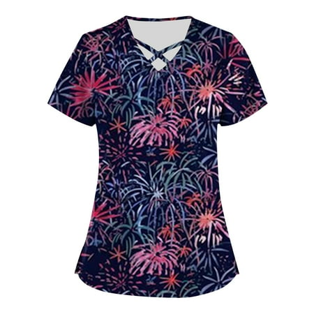 

Apepal Plus Size Printed Scrub Working Uniform Scrub Tops for Women Cross V-Neck Short Sleeve Fun T-shirt Tee with Pockets