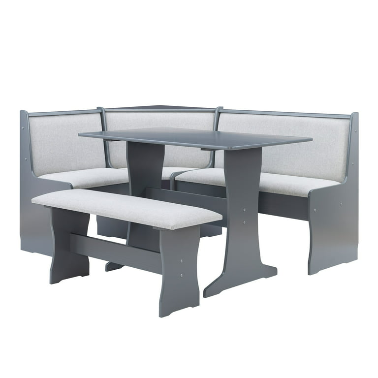 Linon Stella Corner Dining Breakfast Nook with Storage, Table and Bench,  Seats 5, White Finish with Beige Fabric 