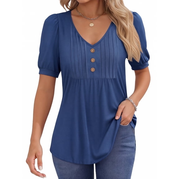 MOYIKO Blouses for Women T Shirts Pleated Button Puff Short Sleeve Shirts Dressy Casual V Neck Tunic Tops Summer Shirts