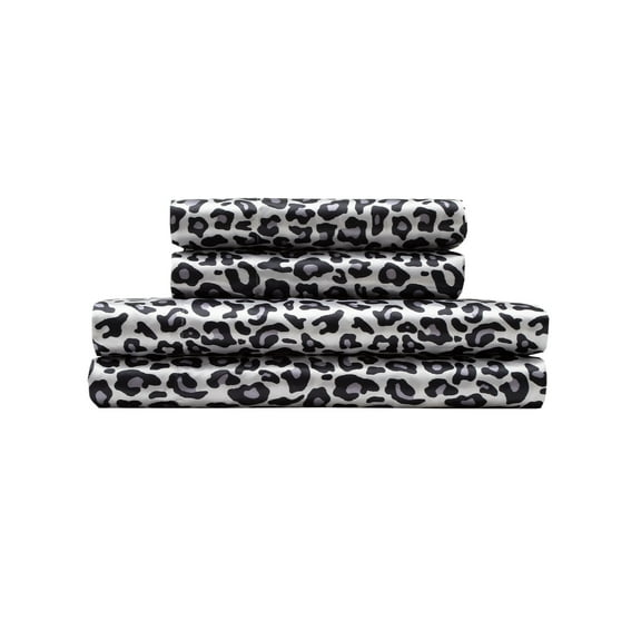 Elite Home Set of Satin Polyester Bed Sheets, King, Snow Leopard Print