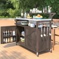 thumbnail image 3 of Outdoor Kitchen Island with Stainless Steel Top, 53.3" Solid Wood Grill Cart with Raised Shelf, Locking Wheels, Adjustable Storage for BBQ, Patio, Garden, Brown, 3 of 11