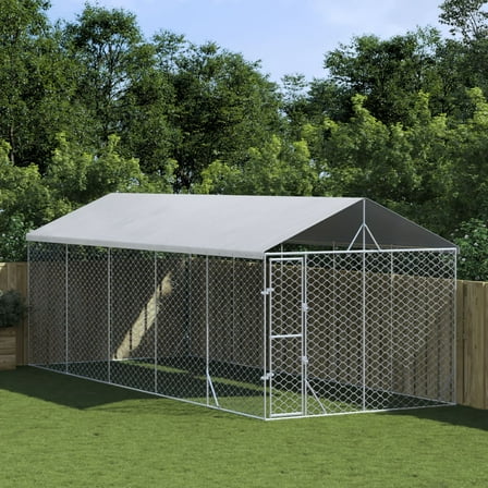 vidaXL Outdoor Dog Kennel Silver Galvanized Steel 9.8x24.6x8.2 ft Tough
