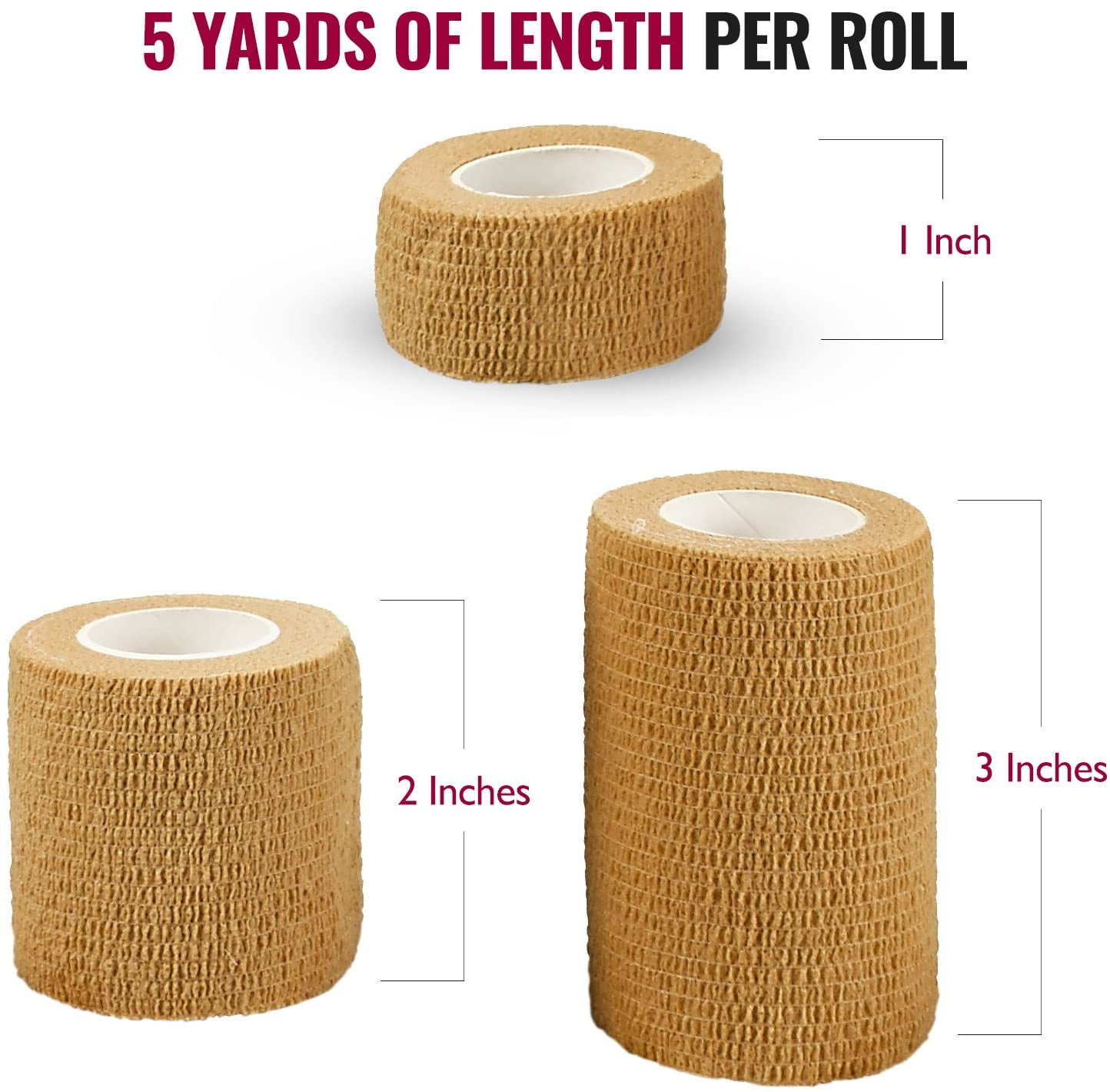 MEDca Self Adhesive Bandage, 1" 2" 3" Sizes, 18 Count, 5 Yards Each Roll
