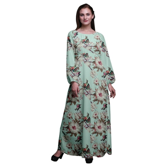 Bimba Moss Georgette Floral & Bird Printed Women’s Long Sleeve Maxi Dress Elastic Waist Gown-XSmall