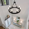 thumbnail image 4 of 6-Light Matte Black Wagon Wheel Chandelier - Farmhouse Modern Small Round Ceiling Fixture for Living Room, Kitchen Island, Entryway, Bedroom, Dining Room, Hallway Hanging Light, 4 of 9