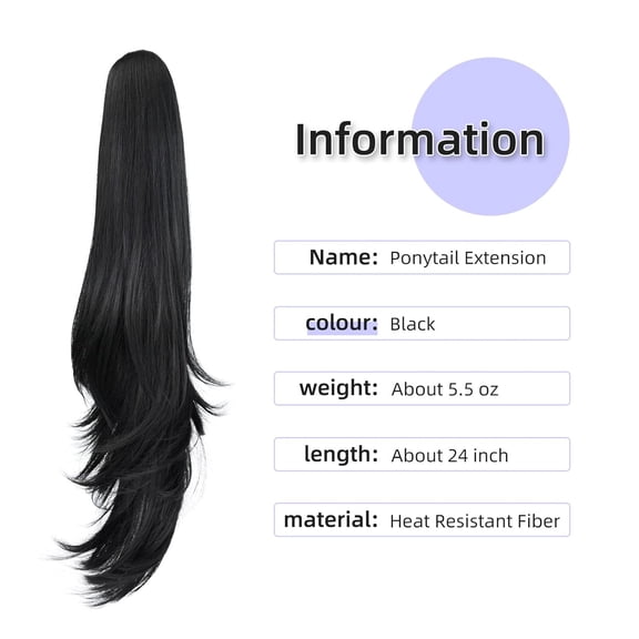 WEIF-ponytail extension,24" claw clip hair extensions ponytail Long straight Hair Extension Natural Looking Synthetic Hairpiece for Women Black