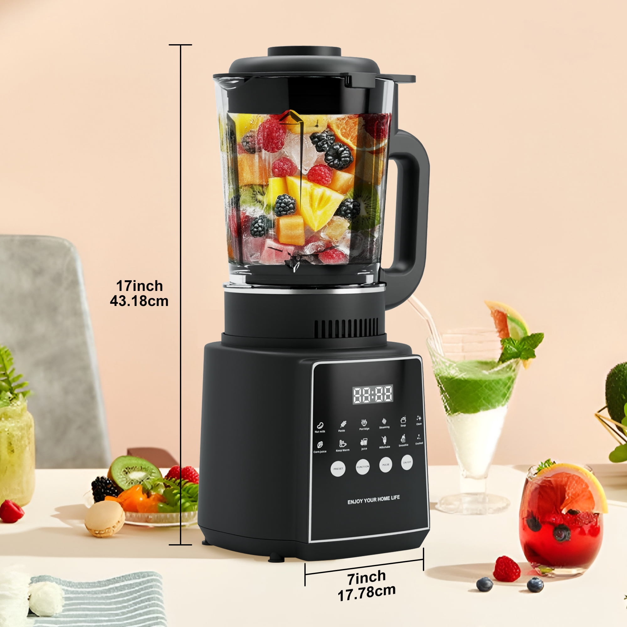 Blender for Kitchen, 55oz Countertop Blender 1200W Peak Power with Ice Crush & Smoothie Functions, Self-Cleaning Food Processor, Stainless Steel Blades, Black