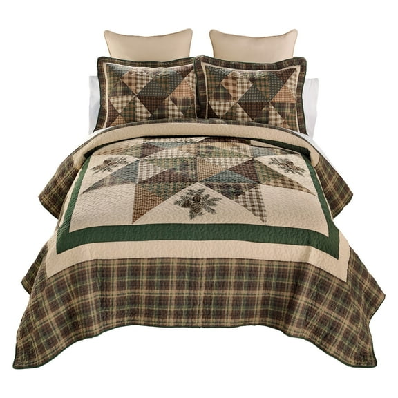 Donna Sharp Pine Star 3PC Pieced Cotton & Embroidered Queen Quilt Set