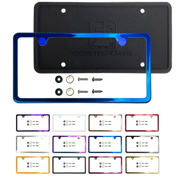 KA Depot Silicone Back Guard Two Holes Slim License Plate Holder Blue Chrome Mirror License Plate Frame T304 Stainless Steel Metal Screw Caps