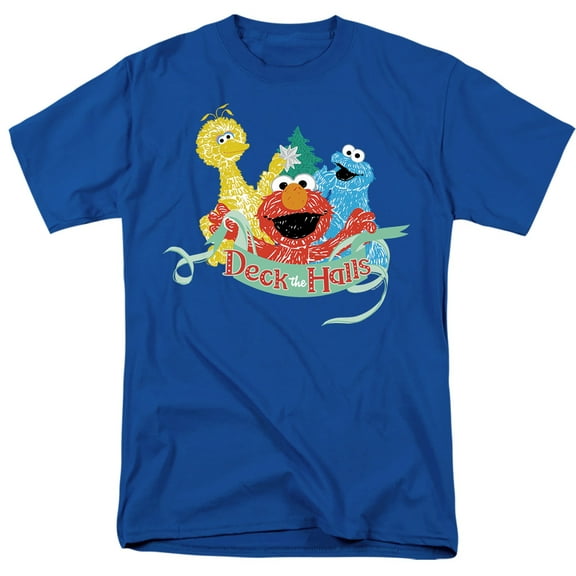 Sesame Street Christmas Deck The Halls Elmo, Cookie Monster Unisex Adult T Shirt, Royal, 4X-Large