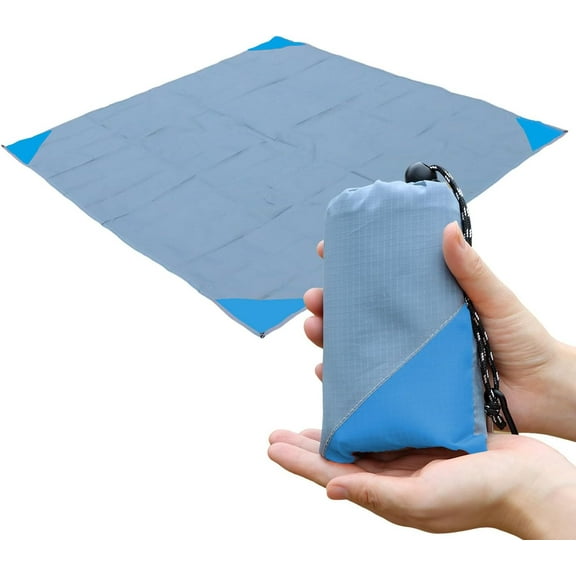 Pocket Picnic Blanket, Sandproof Lightweight Pocket Camping Tarp, 55″x 60″ Foldable & Fits into Small Bag, Water Resistant Washable Quick Dry Compact Beach Mat for Outdoor Recreation Grey/Blue