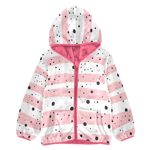 BZSMCE Double-Sided Sherpa Fleece Hooded Zipper Jacket Pink Pink Stripe Dots Pattern Print Warm Outerwear