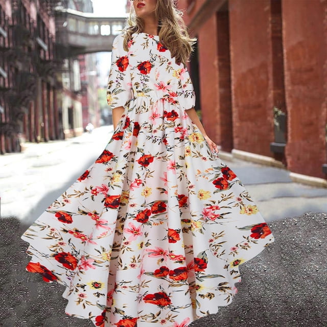 Weiqiqre Robe Femme Robe Bohème en Mousseline à Imprimé Floral Longue Robes de Soirée Grande Taille Mi-Mollet à Manches Courtes