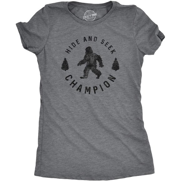 Womens Hide and Seek Champion T Shirt Funny Bigfoot Sasquatch Vintage Graphic