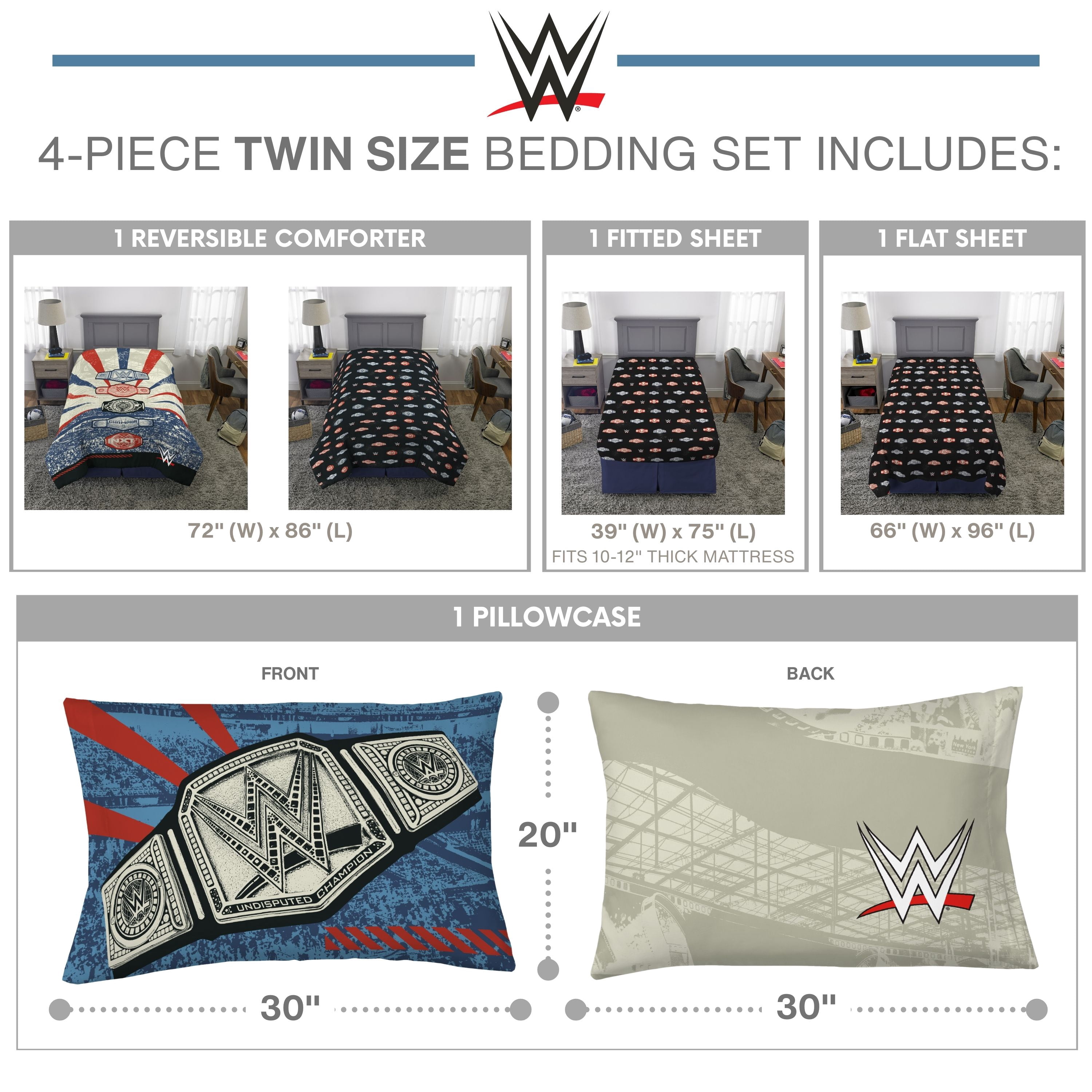 WWE Kids Twin Bed in a Bag, 4Pc Bedding Set, Comforter and Sheets