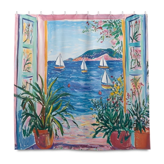 Yayeee Shower Curtain with Hooks 72"x72" Waterproof Fabric Bathroom Hanging Decor, Seaside Door