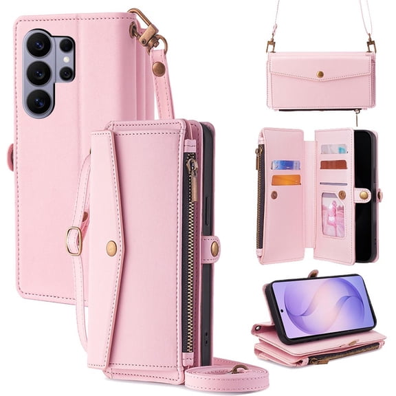 Moreoy Wallet Case for Samsung Galaxy S26 Ultra, Zipper Pocket, Card Slots Cash Holder, Photo Slot, and Detachable Shoulder Strap, Magnetic Buckle PU Leather Kickstand Shockproof Cover,Pink