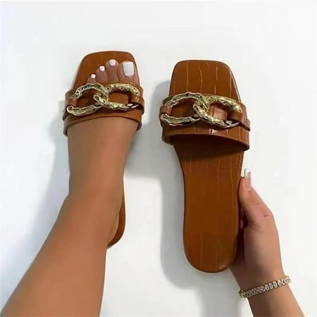 

Zedker Womens Slippers Christmas Slippers Sandals Women Casual Peep Toe Flat Heels Shoes Metal Button Chain Summer Slippers Clearance