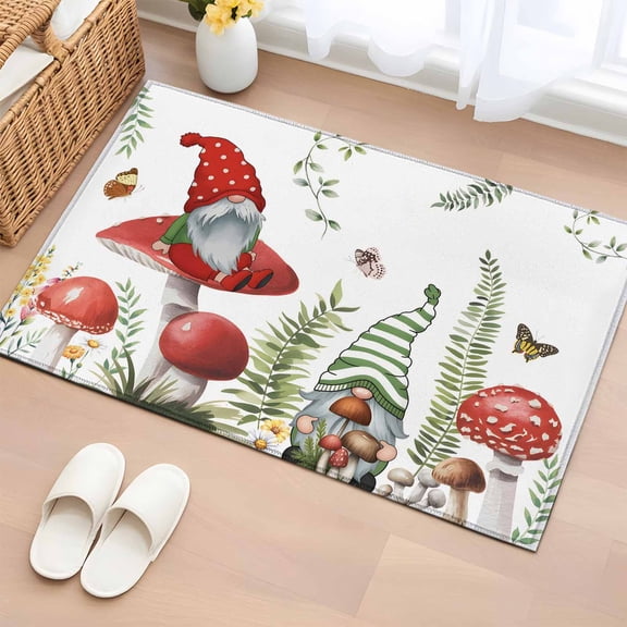 Entryway Rug 2'x3', Gnomes Mushroom Small Rug for Kitchen Bathroom Door Mat Indoor Entrance, Country Leaves Plants Butterfly Plants Non-Slip Area Rugs Floor Mats Carpet Front Door Rugs