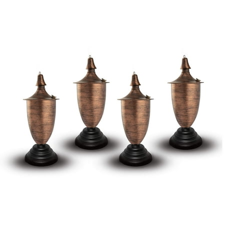 Legends Direct Set of 4, Elegant Premium Metal Tabletop Torch, Tall- Tiki Style /w Snuffer, Fiberglass Wick & Large 35oz Oil Lamp for Deck, Patio, Lawn, Garden (Small Brushed Bronze)