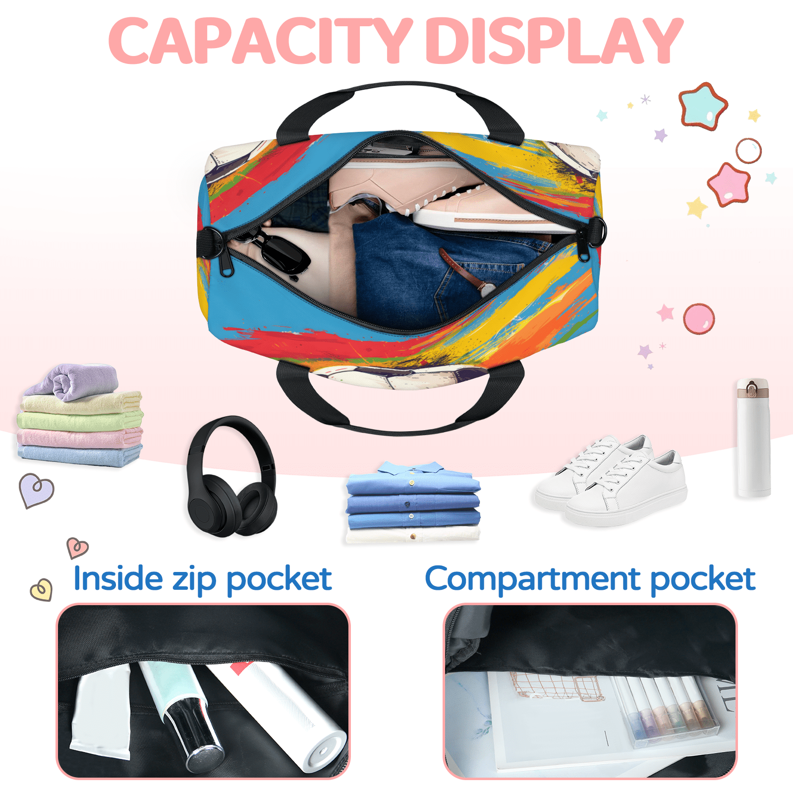 Herdesigns Sports Travel Duffle Bag Sports Yoga Weekender Overnight Carry on Workout Bags Lightweight Waterproof Gym Tote Bag for Women Football Soccer