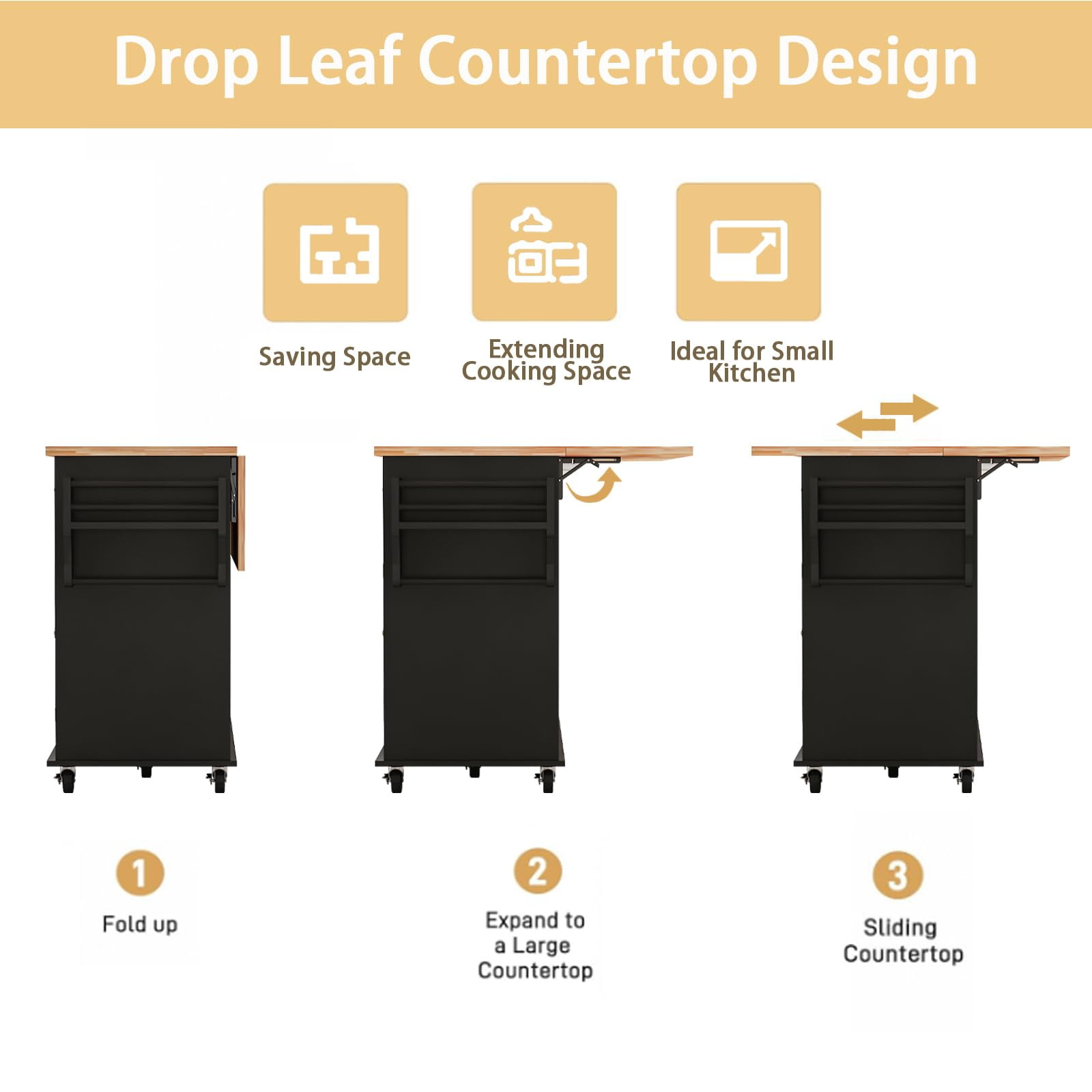 JassmiPkwy 67’’ Movable Kitchen Island with Drop Leaf Countertop, with Storage, 2 Drawers, Towel Rack, Black