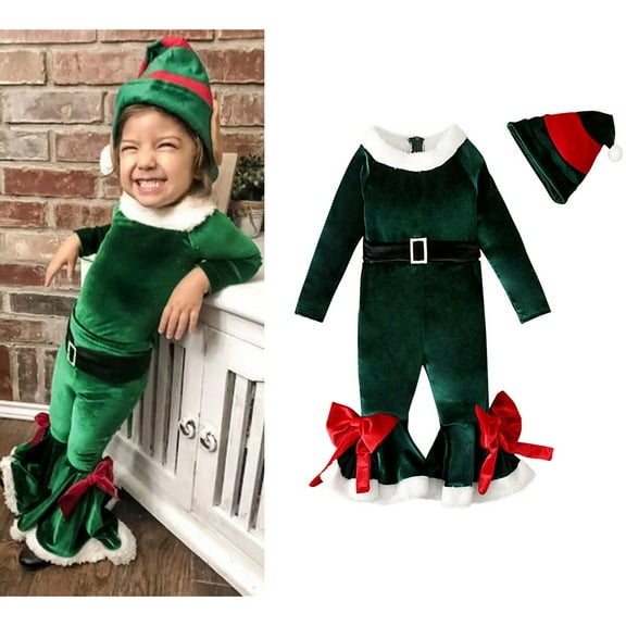 Elf Baby Outfit Long Sleeve Elf Bodysuit Hat Set Holiday Outfit Christmas Baby Clothes 18-24 Months