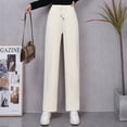 thumbnail image 2 of Pantalones de color crema, pantalones de pana de pierna ancha, pantalones de invierno para mujer, pantalones holgados de cintura alta con forro polar, pantalones casuales rectos que combinan con todo, 2 of 5