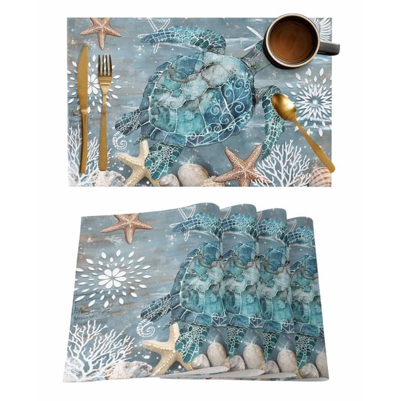 Blue Turtle Coastal Placemats Set of 4, Summer Beach Ocean Starfish Coral Placemats for Dining Table, Place Mats for Kitchen Tabletop, Waterproof Wipeable Dining Table Mats Set