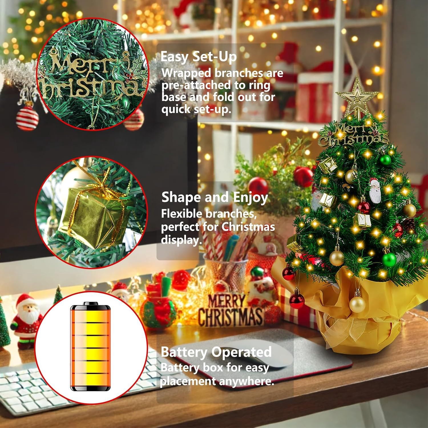 Pre-Lit Mini Christmas Tree with 30 LED Lights, Star Topper, Ornaments and Gift Boxes, 23 in Tabletop Holiday Decor for Desk, Home or Office