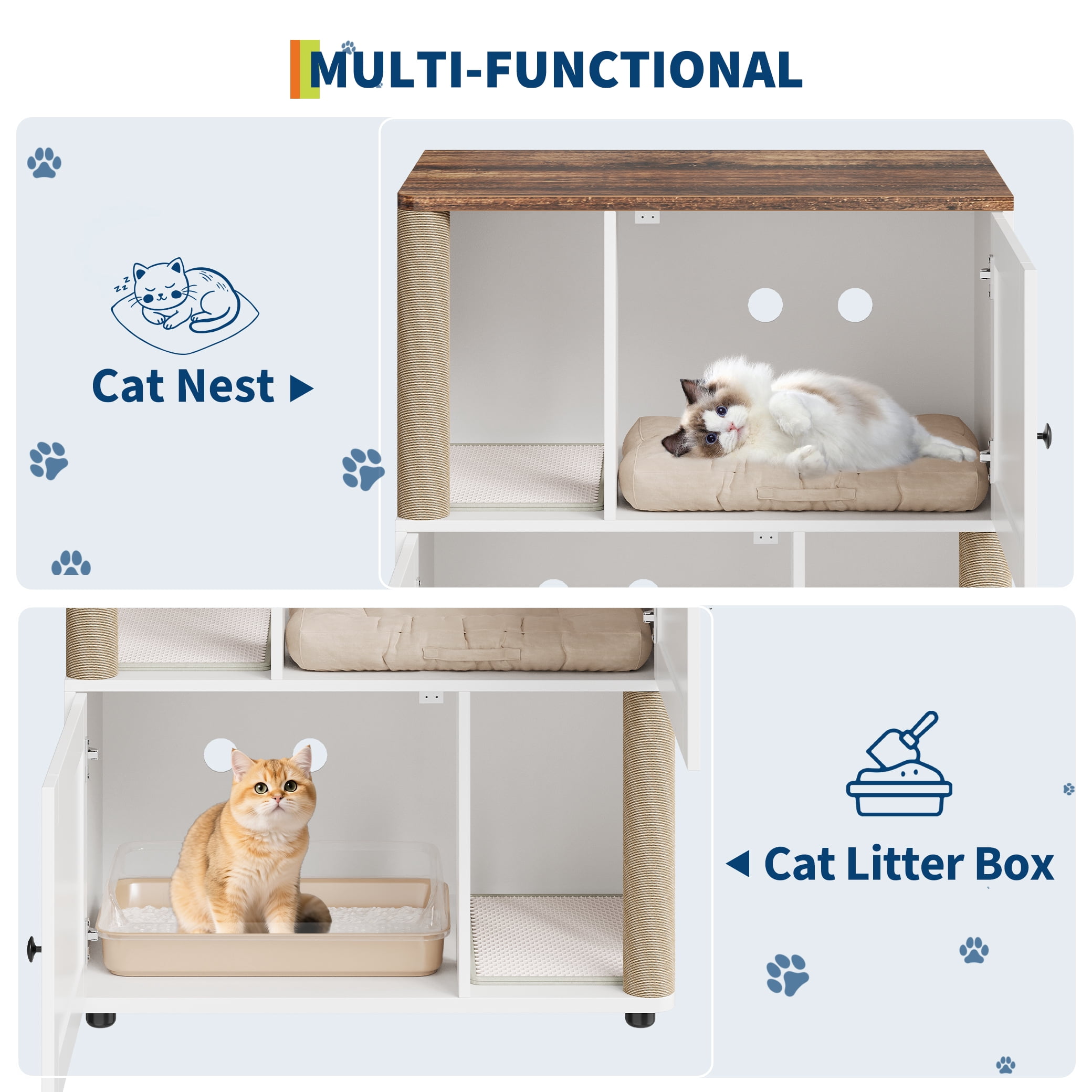 Double Layer Cat Litter Box Enclosure for 2 Cats, Hidden Litter Box Furniture with Cat Scratching Post and Board, 2 Story Wooden Cats Washroom or Bed