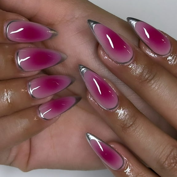 Press on Nails Almond Shape False Nails Rose Red And French Tips False Nails Full Covers Acrylic Artificial Nails 24Pcs