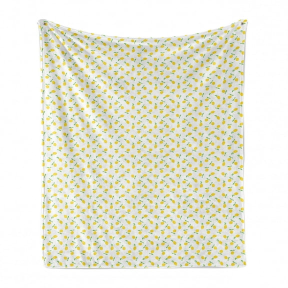 Lemon Soft Flannel Fleece Throw Blanket, Summer Pattern with Simple Cartoon Citrus Fruit Repetition, Cozy Plush for Indoor and Outdoor Use, 70" x 90", Mustard Lime Green, by Ambesonne