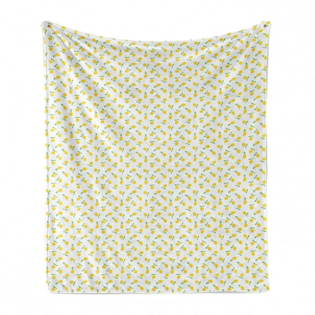 Lemon Soft Flannel Fleece Throw Blanket, Summer Pattern with Simple Cartoon Citrus Fruit Repetition, Cozy Plush for Indoor and Outdoor Use, 60" x 80", Mustard Lime Green, by Ambesonne