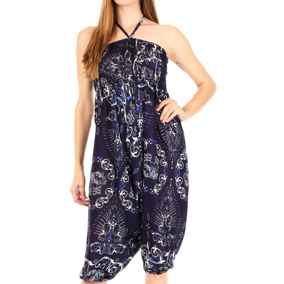 Sakkas Valdis Women's Boho Harem Loose Baggy Jumpsuit Pants Elephant Smock Elastic - Navy - One Size