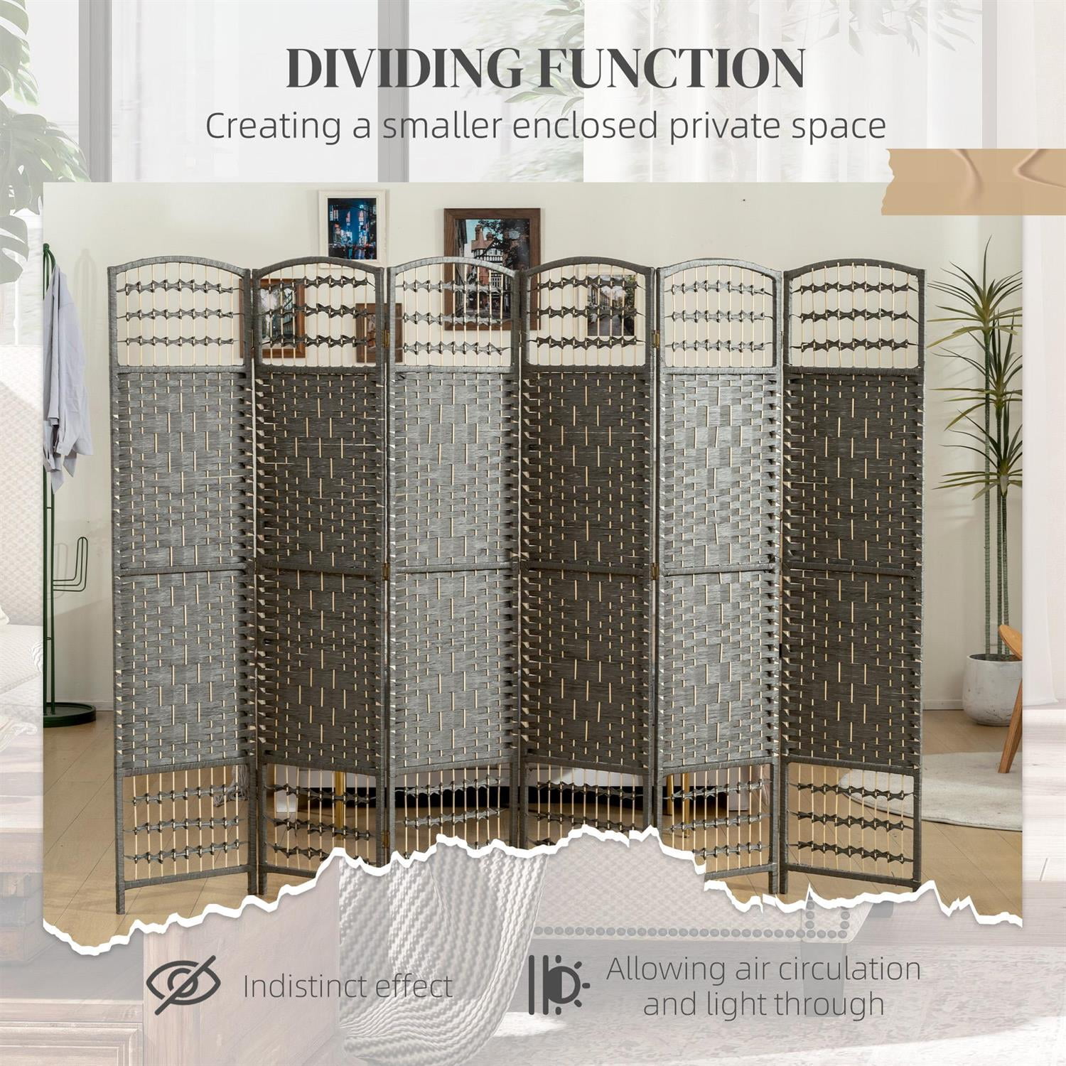 Demi Bonn Folding Room Divider Screen with 6 Panels, 67" Portable Privacy Screen, Wave Fiber Material for Home Office Partition, Gray
