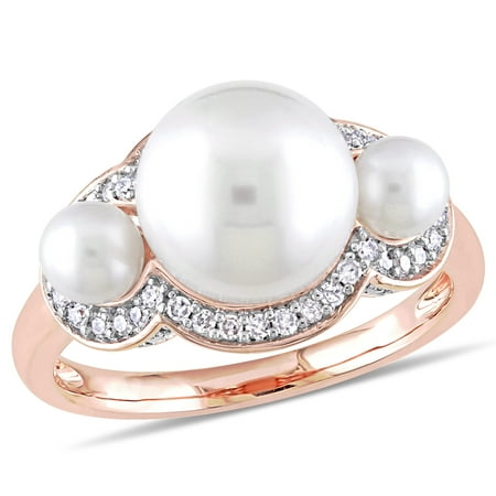 Miabella 4-9.5mm White Cultured Freshwater Pearl and 1/5 Carat T.W. Diamond 10kt Rose Gold 3-Stone Halo Ring