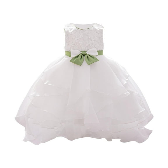 AUNVITO Baby Girls Sleeveless Tulle Dress Bow Applique Round Neck Summer Party Princess Dress with Train