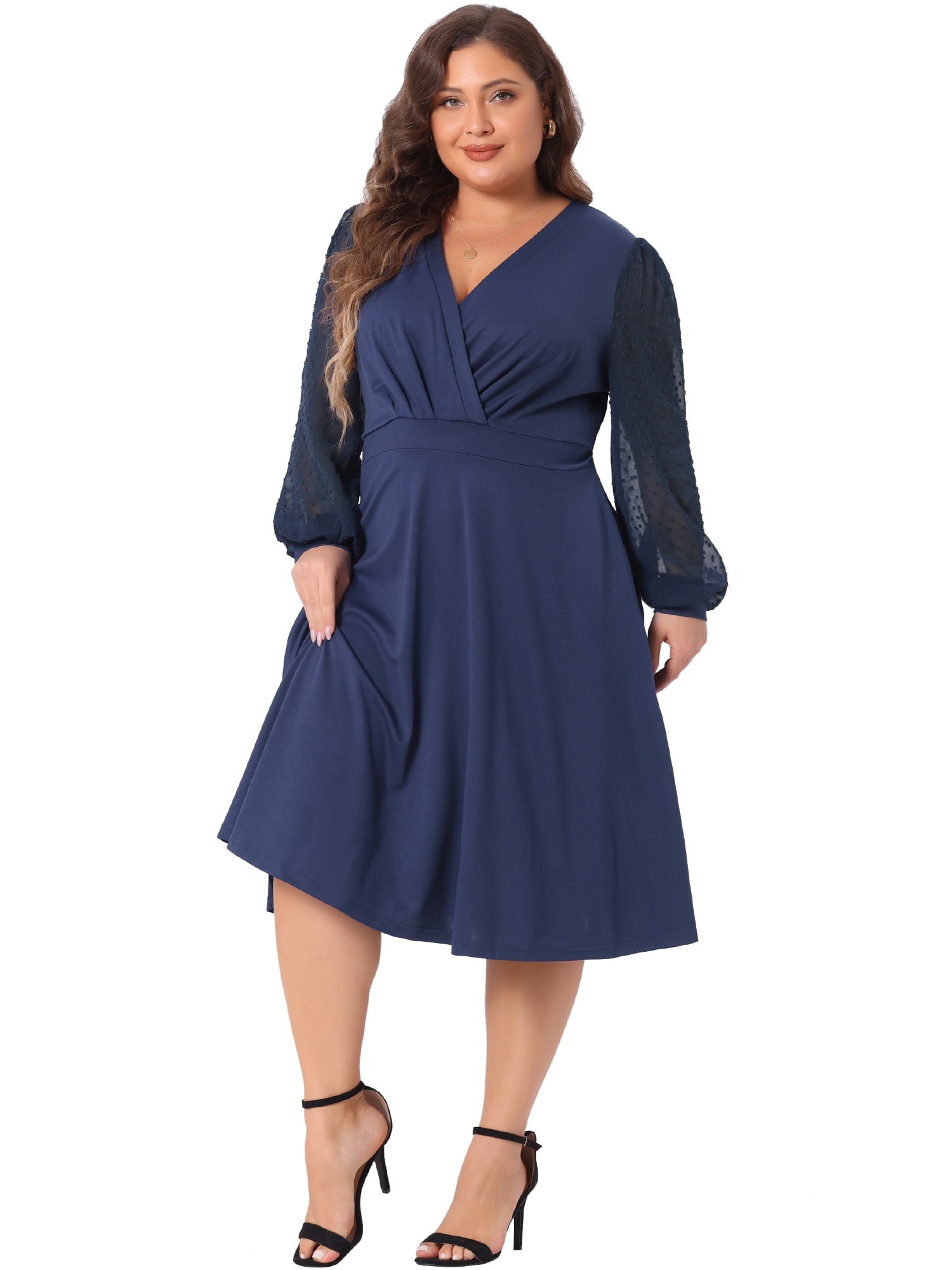 DARING DIVA Plus Size Swiss Dots Wrap V Neck Knee Length Dress 1X Navy Blue