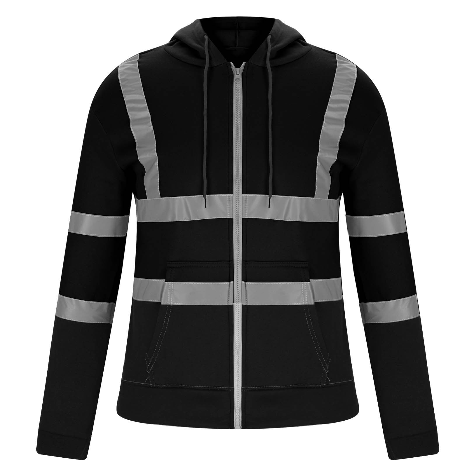 Moxiu Mens Hi Vis Jacket Big and Tall Reflective Visibility Hooded Drawstring Sweatshirts Pullover Full Zip Up Flame Resistant Jackets with Pocket 2025 Black,XXXXL