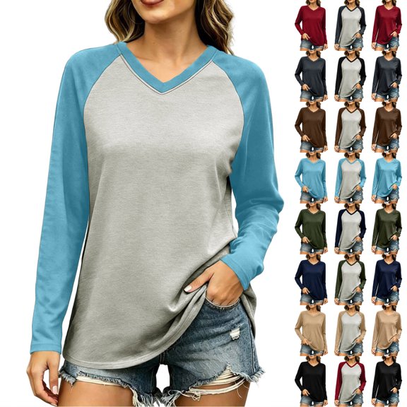 FchengtaiS Long Sleeve Raglan Shirts for Women Color Block Baseball Tops Casual V Neck Basic Tees Fall Fashion Clothes