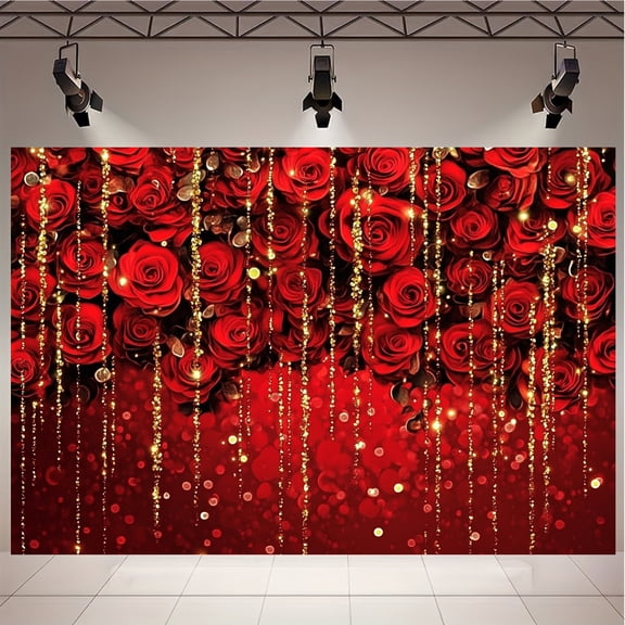 Stunning Valentine's Day Backdrop Red Roses Golden Glitter Suitable for Engagement Party Background Celebration Banner, Engagement Photo Shoot, Romantic Backdrop